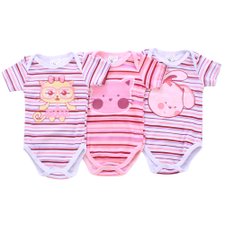 Kit Bebê 3 Body's Estampa Listrada Com Bichinhos Feminina Kit Bebê 3 Body's Estampa Listrada Com Bichinhos Feminina