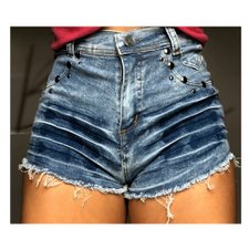 Short Jeans Feminino Hot Pants Manchado Barra Desfiada Short Jeans Feminino Hot Pants Manchado Barra Desfiada