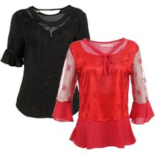 Kit Blusa Tecido Brilhante + Blusa Com Tule Rendado Kit Blusa Tecido Brilhante + Blusa Com Tule Rendado