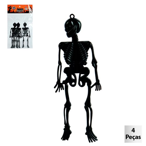 Enfeite Esqueleto 15cm Com 4 Peças Preto Decoração Halloween