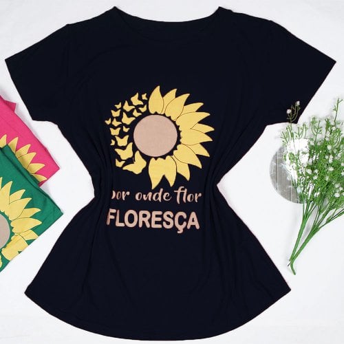 Blusa T-Shirt Feminina Estampa De Girassol Com Frase