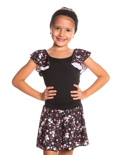 Collant de Ballet Infantil com Manga Godê Estampada Preto Collant de Ballet Infantil com Manga Godê Estampada Preto