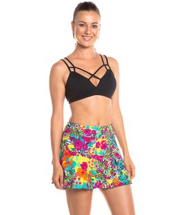 Shorts Saia Godê com Barra de Silicone estampado floral amarelo Shorts Saia Godê com Barra de Silicone estampado floral amarelo