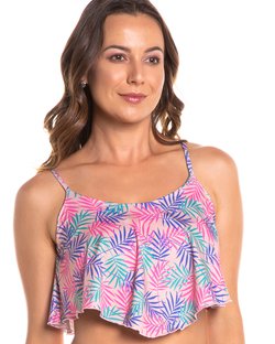 Biquíni Top Praia cropped com babado e alça com regulagem estampado folhas coloridas Biquíni Top Praia cropped com babado e alça com regulagem estampado folhas coloridas