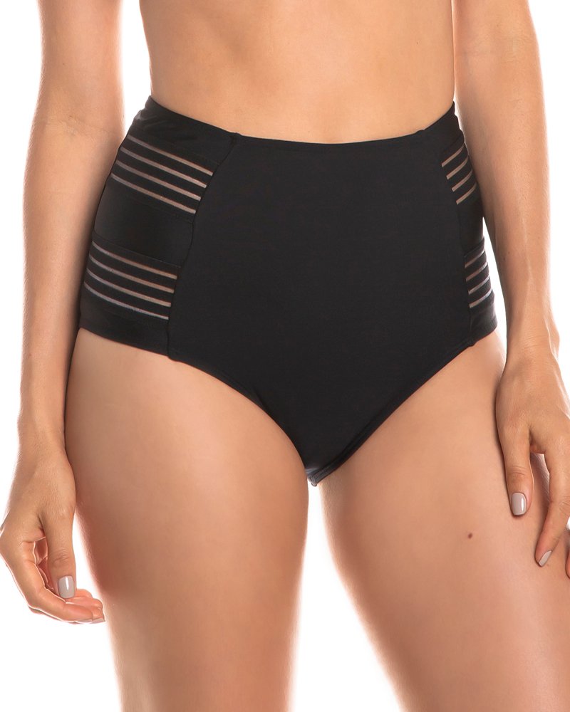 Calcinha de biquíni hot pants cintura alta detalhe de elástico na lateral preta Guaili