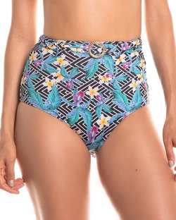 Calcinha de biquíni hot pants cintura alta com cinto estampada floral p&b Calcinha de biquíni hot pants cintura alta com cinto estampada floral p&b