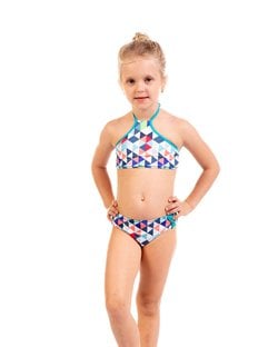 Conjunto Praia Infantil Cropped de Amarrar e Calcinha Estampa Losango Colorido Conjunto Praia Infantil Cropped de Amarrar e Calcinha Estampa Losango Colorido