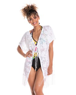 Saída de Praia Kimono com Franja na Barra Branco Saída de Praia Kimono com Franja na Barra Branco