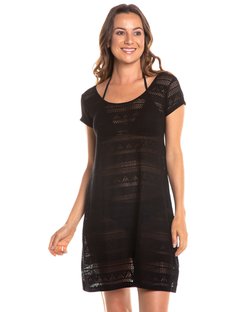 Saída de praia vestido curto de renda com manga e laço nas costas preta Saída de praia vestido curto de renda com manga e laço nas costas preta