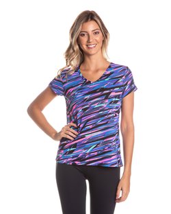 Blusa Baby Look Mais Soltinha Decote V em Dry Fit Riscos Rosa Neon Blusa Baby Look Mais Soltinha Decote V em Dry Fit Riscos Rosa Neon