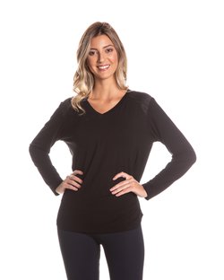 Blusa Manga Longa com Decote V, Detalhe no Ombro em Cirrê e Barra Arredondada em Viscolycra Splend Preto Blusa Manga Longa com Decote V, Detalhe no Ombro em Cirrê e Barra Arredondada em Viscolycra Splend Preto