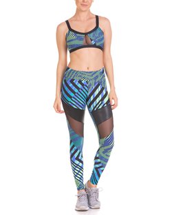 Calça Legging com Recorte em Tule e Cirrê em Amni Estampa Abstrato Verde Calça Legging com Recorte em Tule e Cirrê em Amni Estampa Abstrato Verde