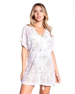 Saída de Praia Bata Soltinha com Decote V e Cordão de Crochet Gladi Branco Saída de Praia Bata Soltinha com Decote V e Cordão de Crochet Gladi Branco