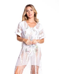 Saída de Praia Bata com Franja Decote V e Cordão de Crochet Branco Saída de Praia Bata com Franja Decote V e Cordão de Crochet Branco