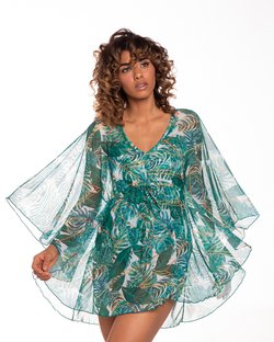 Saída de Praia Kaftan com Cordão na Cintura Estampa Folhagem Brasileira Saída de Praia Kaftan com Cordão na Cintura Estampa Folhagem Brasileira