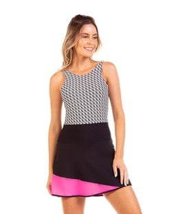 Vestido Fitness Decote Alto Shorts com Silicone na Barra Pied de Poule Vestido Fitness Decote Alto Shorts com Silicone na Barra Pied de Poule