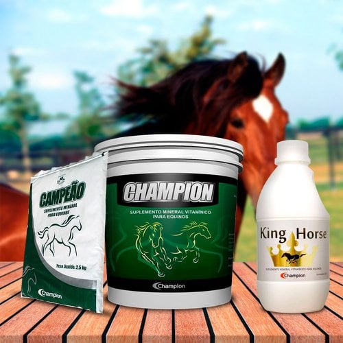 Kit Suplementos Champion para Equinos - Champion Equinos 5 Kg + Campeão Champion 2,5 Kg + King Horse 2,5 Litros Kit Suplementos Champion para Equinos - Champion Equinos 5 Kg + Campeão Champion 2,5 Kg + King Horse 2,5 Litros