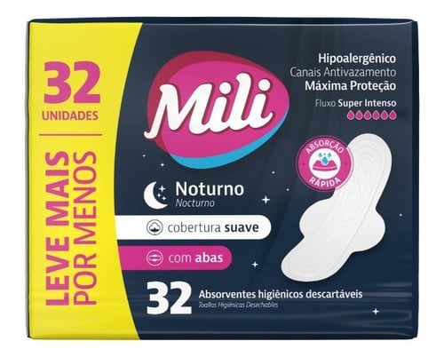 Absorvente Noturno Mili Suave com Abas com 32 Absorvente Noturno Mili Suave com Abas com 32
