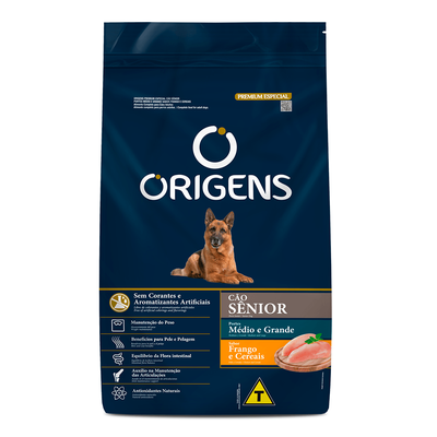 Ração Seca Origens Premium Especial Frango e Cereais para Cães Sênior Portes Médio e Grande Ração Seca Origens Premium Especial Frango e Cereais para Cães Sênior Portes Médio e Grande