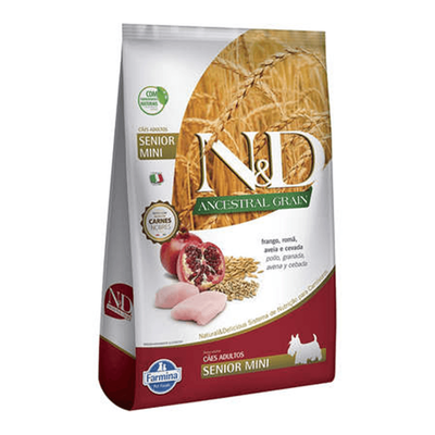 Ração Seca Farmina N&D Ancestral Grain Frango, Romã, Aveia e Cevada para Cães Idosos Raças Mini Ração Seca Farmina N&D Ancestral Grain Frango, Romã, Aveia e Cevada para Cães Idosos Raças Mini