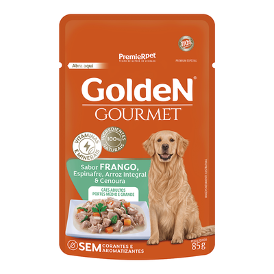 Ração Úmida Sachê GoldeN Gourmet Frango, Espinafre, Arroz Integral & Cenoura Cães Adultos Raças Média e Grande Ração Úmida Sachê GoldeN Gourmet Frango, Espinafre, Arroz Integral & Cenoura Cães Adultos Raças Média e Grande