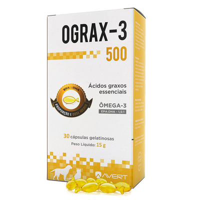 Suplemento Alimentar Avert Ograx-3 500mg para Cães e Gatos Suplemento Alimentar Avert Ograx-3 500mg para Cães e Gatos