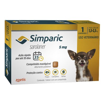 Antipulgas e Carrapatos Zoetis Simparic 5mg para Cães de 1,3 a 2,5kg Antipulgas e Carrapatos Zoetis Simparic 5mg para Cães de 1,3 a 2,5kg