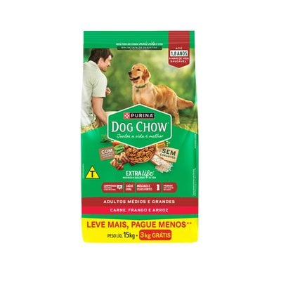 Ração Seca Purina Dog Chow Extra Life Carne, Frango e Arroz para Cães Adultos de Portes Médio e Grande Leve 18kg e Pague 15kg Ração Seca Purina Dog Chow Extra Life Carne, Frango e Arroz para Cães Adultos de Portes Médio e Grande Leve 18kg e Pague 15kg