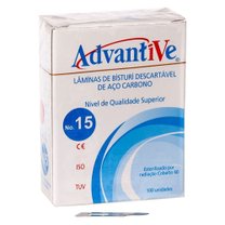 LÂMINA DE BISTURI N 15 C PONTA CURVA AÇO CARBONO C/100 ADVANTIVE LÂMINA DE BISTURI N 15 C PONTA CURVA AÇO CARBONO C/100 ADVANTIVE