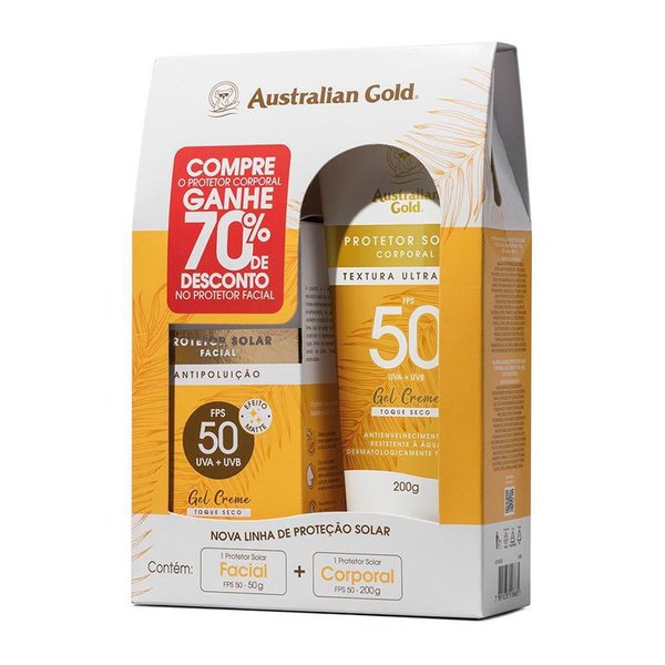 Kit Australian Gold Protetor Solar Corporal FPS50 200g+ Protetor Solar Facial FPS50 Antipoluição 50g Kit Australian Gold Protetor Solar Corporal FPS50 200g+ Protetor Solar Facial FPS50 Antipoluição 50g