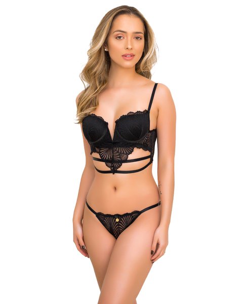Conjunto De Lingerie Bojo Decote V Calcinha String Sainte Nuit