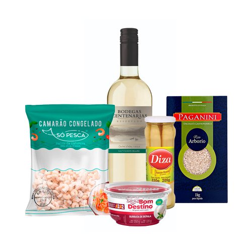 Kit Combinação Sauvignon Blanc Com Risoto, Camarão e Burrata Kit Combinação Sauvignon Blanc Com Risoto, Camarão e Burrata