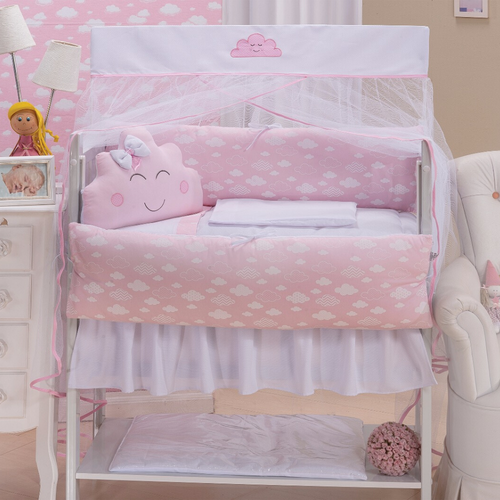 Kit Mini Berço 40 cm Largura 9 Peças Nuvem Rosa Kit Mini Berço 40 cm Largura 9 Peças Nuvem Rosa