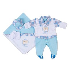 Saída Maternidade Urso Prince Azul Claro 4 Peças Tamanho P (0 - 3 meses)