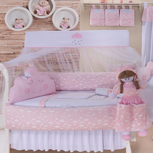 Kit Berço Americano 09 Peças Nuvem Rosa Kit Berço Americano 09 Peças Nuvem Rosa