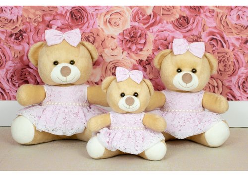 Trio de Ursas para Nicho Vestido de Renda Rosa 18,22,26 cm Trio de Ursas para Nicho Vestido de Renda Rosa 18,22,26 cm