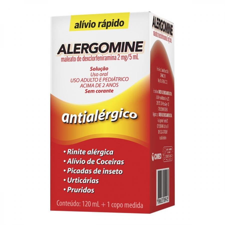 Alergomine Solução Oral 0,4mgmL, caixa com 1 frasco com 120mL de solução  de uso oral + copo medidor | Drogalider