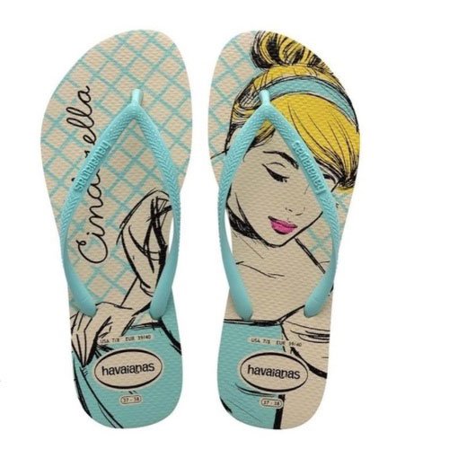 Chinelo Feminino Havaianas Slim n 35 36 princesas Cinderella bege palha e azul DrogaVen faz bem