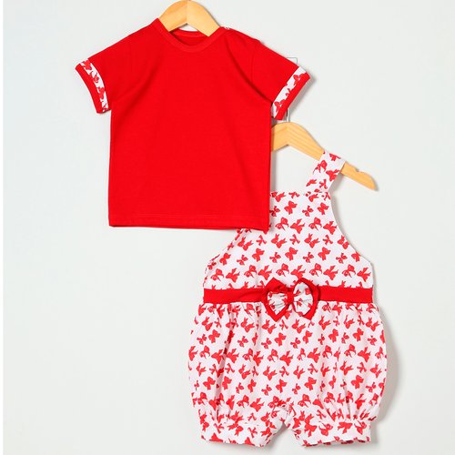Jardineira + Camiseta de Bebê Laço Vermelho