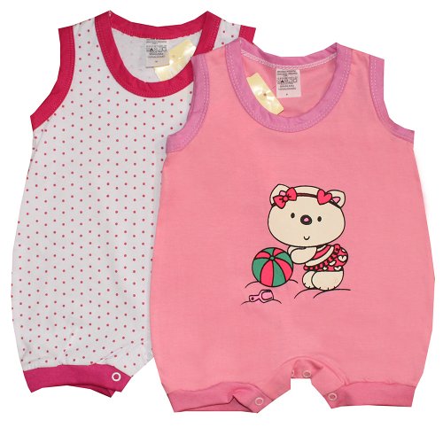 Macacão Curto de Bebê Poá Pink M e Rosa P 2 Peças
