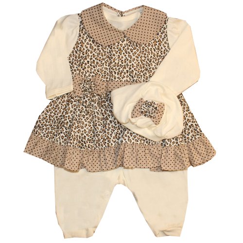 Macacão Curto de Bebê + Vestido Oncinha Palha 3 Peças
