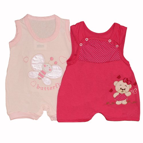 Macacão Curto de Bebê Amiguinhas Rosa e Pink 2 Peças