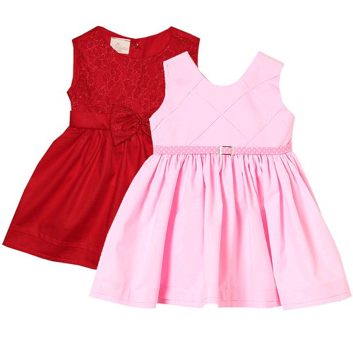 kit Vestido de Bebê Renda Vermelho e Linda Rosa 2 Peças