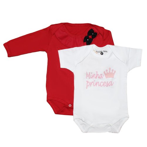 Kit Body de Bebê Vermelho Longo e Branco Curto Malha
