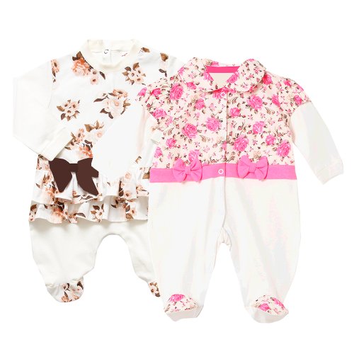Kit Macacão Longo de Bebê Floral Pink e Palha