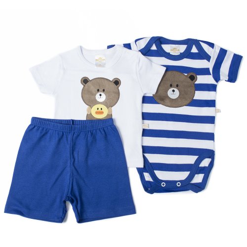 Conjunto de Bebê Body + Shorts + Camiseta Urso Azul 3 Peças