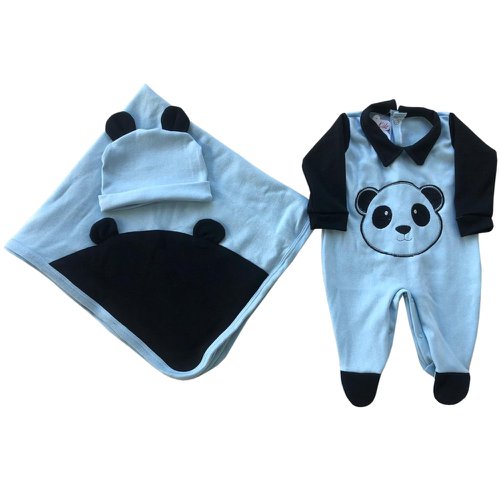 Saída de Maternidade Urso Panda Azul 3 Peças