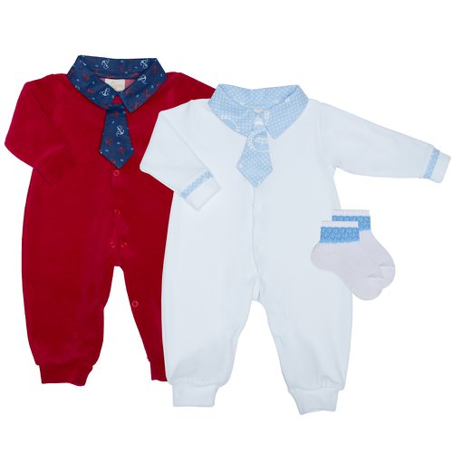 Kit Macacão de Bebê Gravata Vermelho e Branco Plush 3 Peças