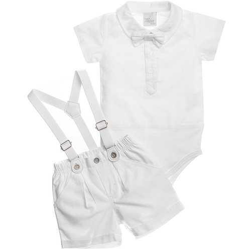 Conjunto de Bebê Body Curto e Shorts Suspensório Branco