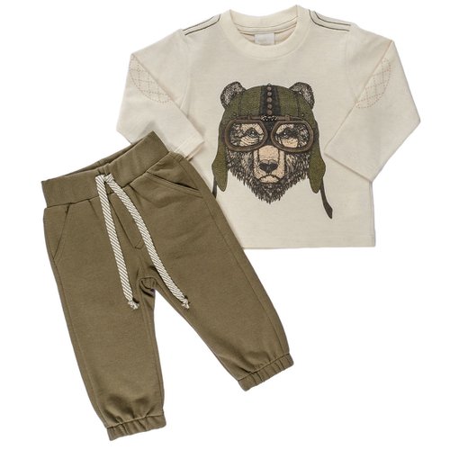 Conjunto Infantil Camiseta Longa Urso e Calça Verde